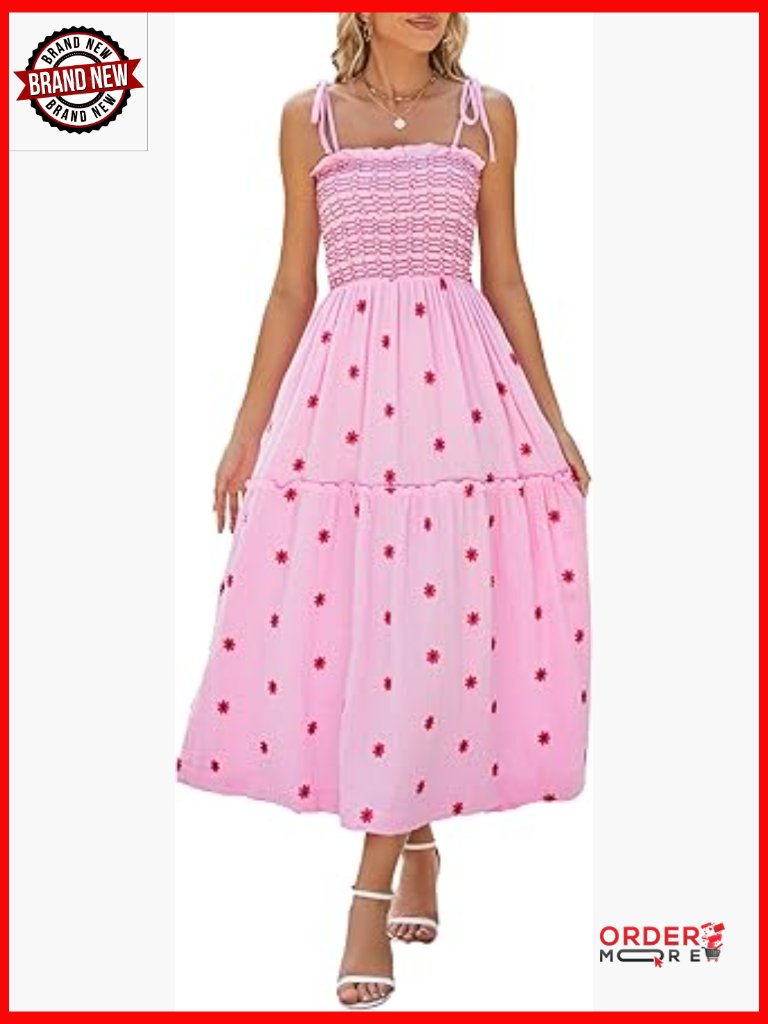 Women Floral Embroidered Maxi Dress Sleeveless Smocked Boho Sundress With